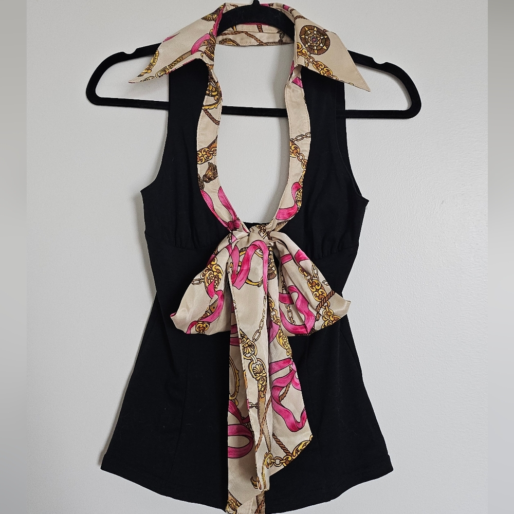 Ma*rs Gyaru Rare Scarf Print Halter Collar Gold Button Open Back Tank Top